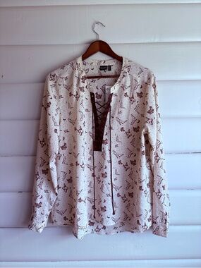 NWT Cruel Denim Western Lace Up Horse Print Blouse Cream Burgundy Large Boho